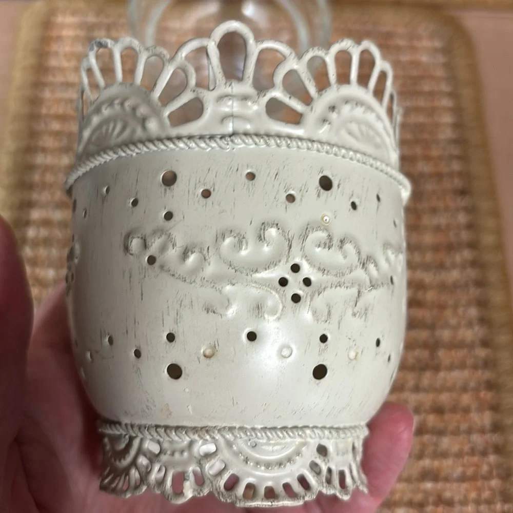 Shabby Chic Metal Candle Holder distressed ivory lace pedestal, glass votive cup